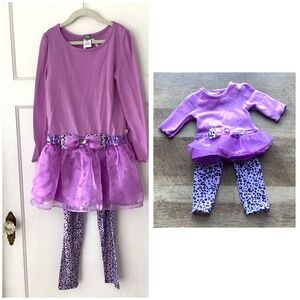 Dolly & Me Girl And 18” Doll Matching Outfits Set Size 10 Purple Tunic Leggings
